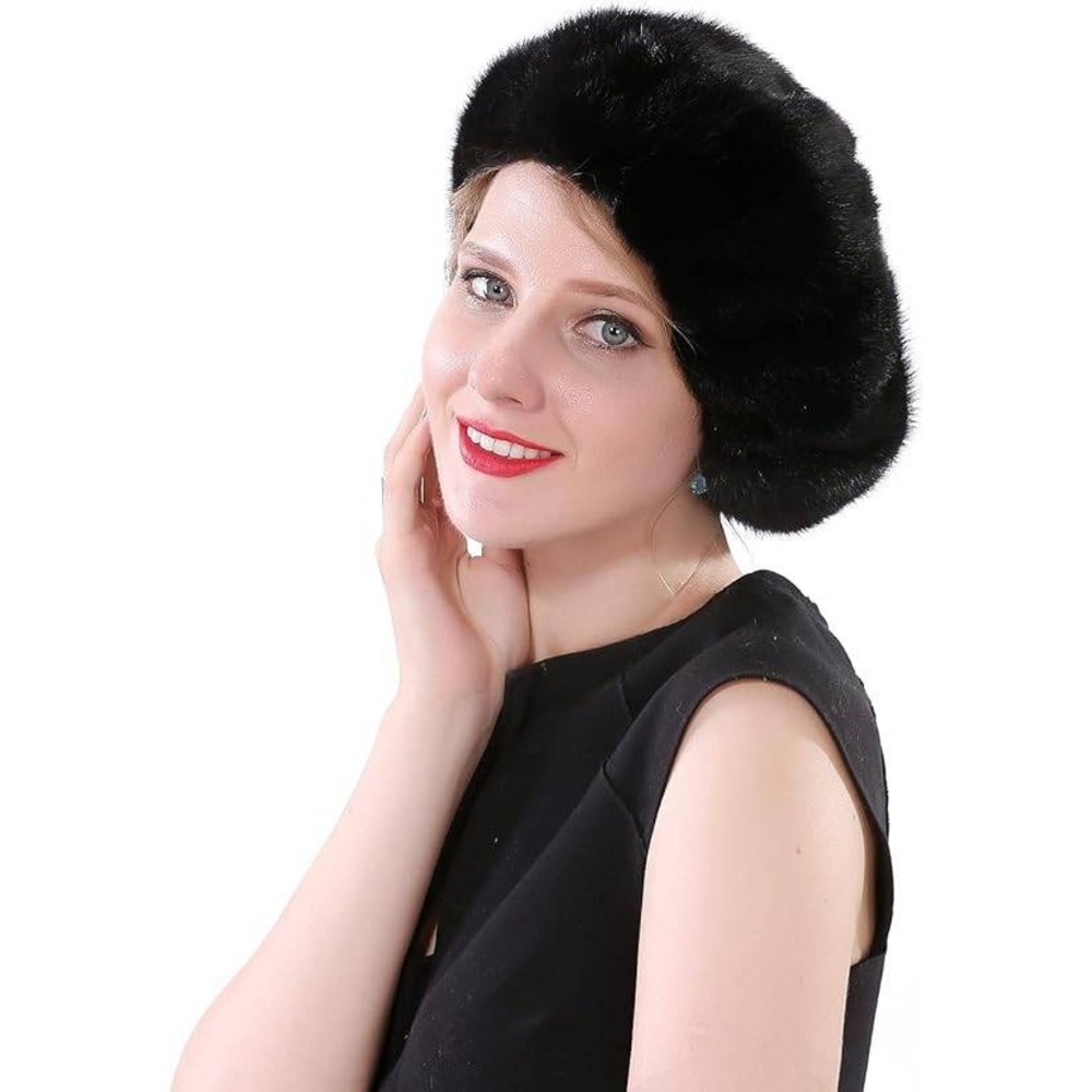 MSRP $60 YXCFEWD Women's Beret Black Real Mink Fur Hat Knit Russian Winter Cap